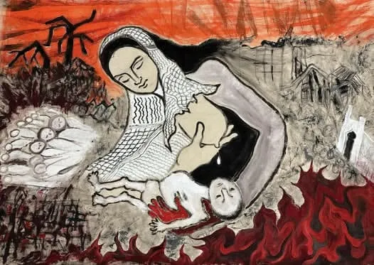加薩戰火下，一位母親在被發現遺體時，仍呈現哺乳姿勢。（作者提供）