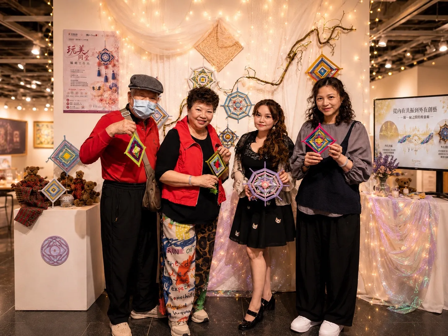 參與者與鄭紫涵於《紫星織光・心流之境》作品前合影，展現《玩美同堂：創藝工作坊》中感知、參與與共創的共融藝術精神。（圖/主辦單位提供）