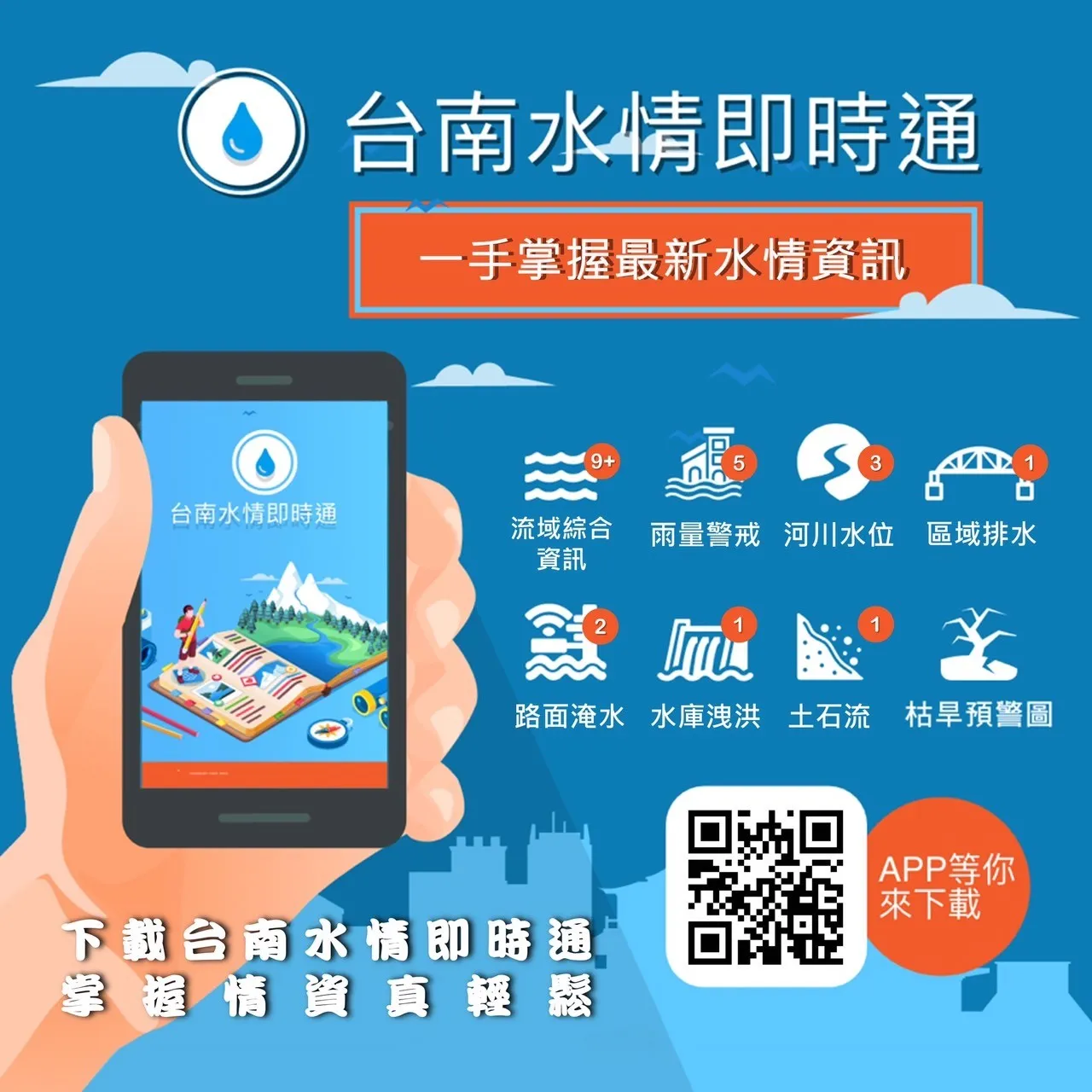 圖說：下載「台南水情即時通APP」，掌握水情資訊，雨季來臨免驚慌!(提供/臺南市政府水利局)