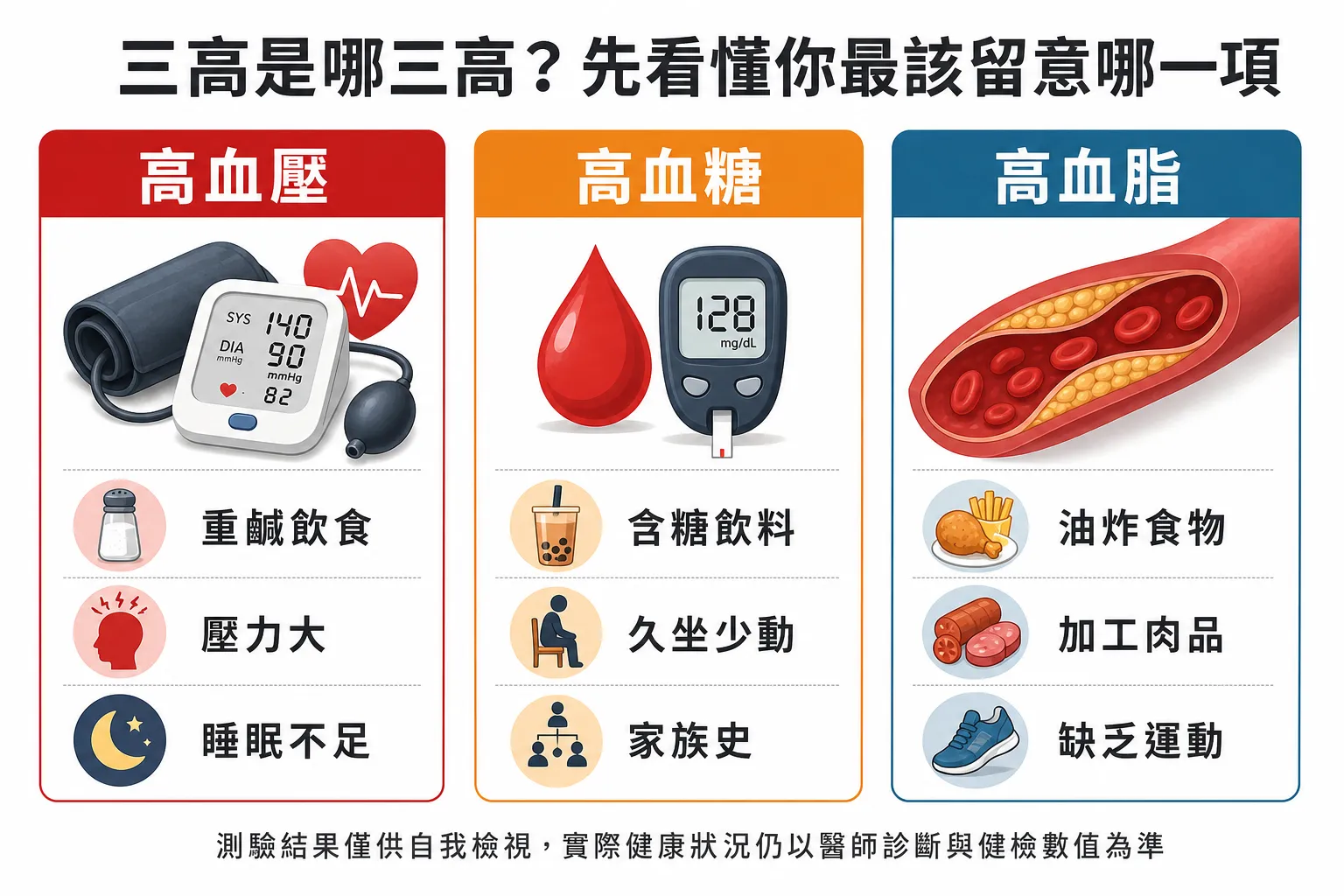 高血壓、高血糖、高血脂各有不同的風險因子，定期健檢是早期發現的關鍵。