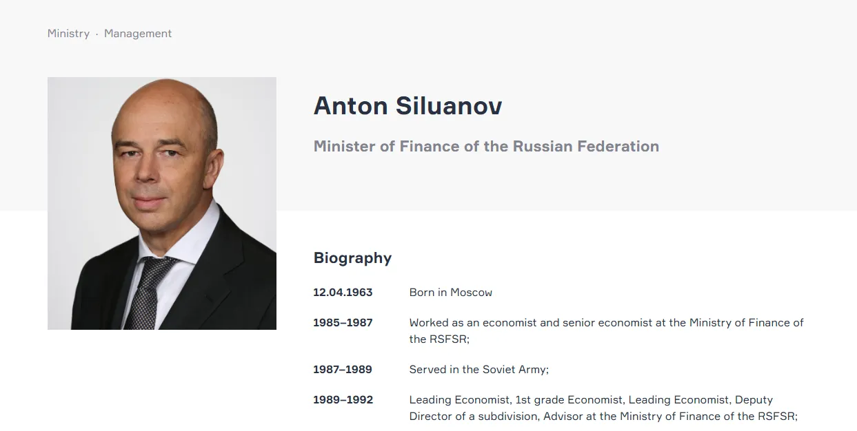 俄羅斯現任財政部長西盧安諾夫（Anton Siluanov）。（翻攝自政府官網）