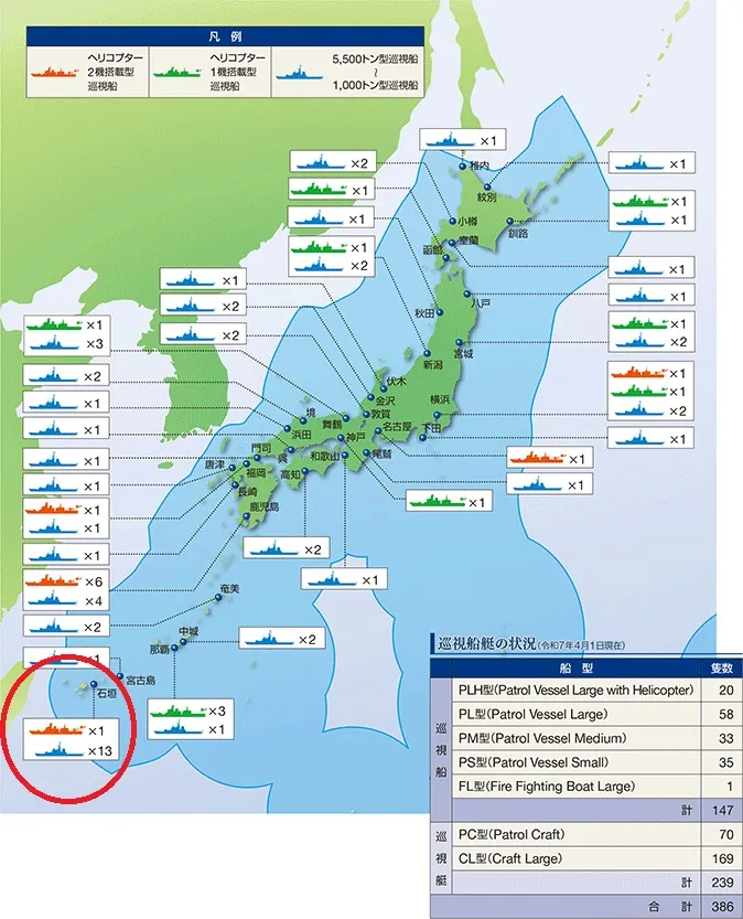 日本海上保安廳在全日本各基地的中大型巡邏艦佈署數量，可看到在石垣島的數量居冠。(日本海上保安廳官網)