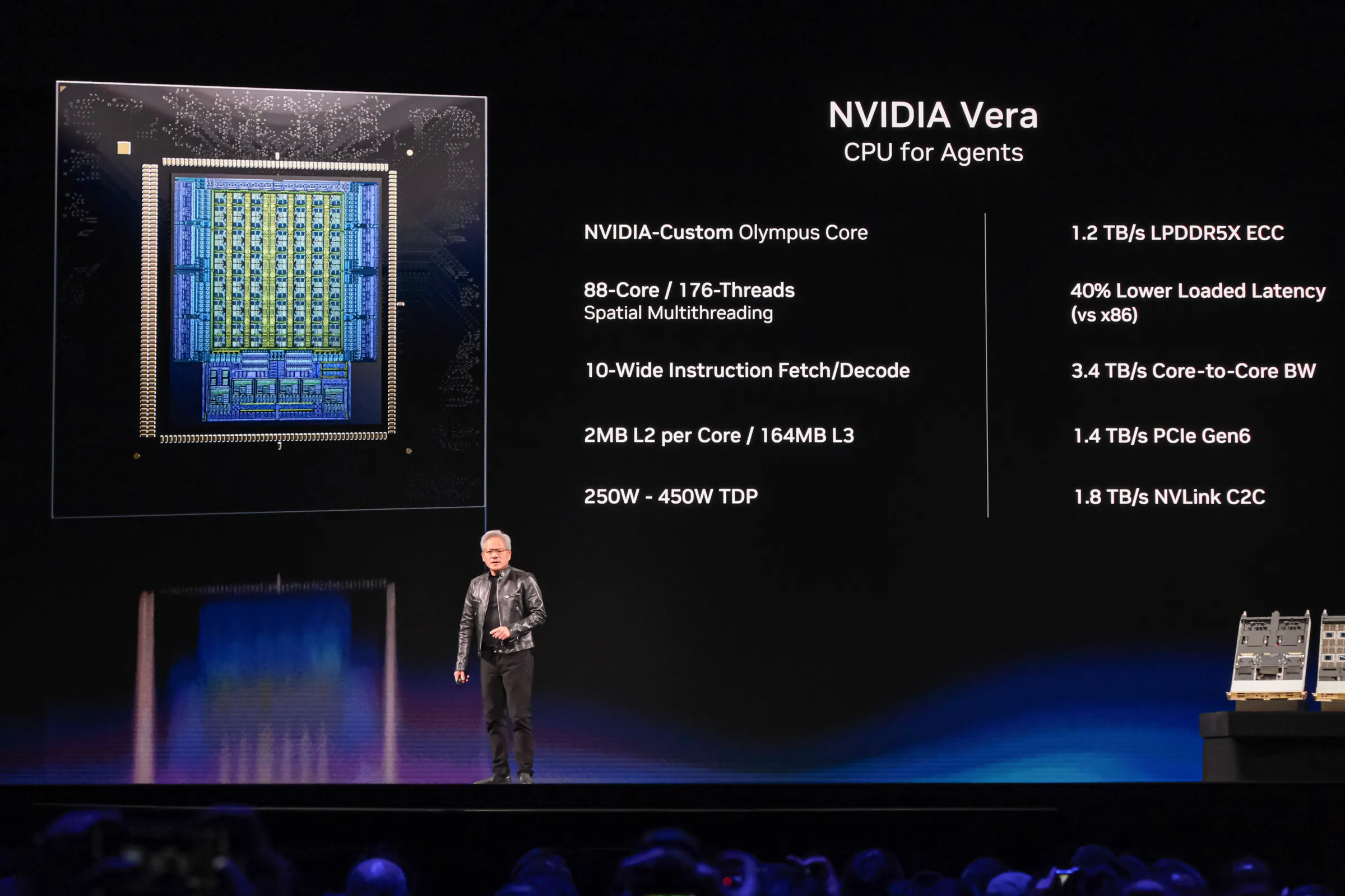 20260601-NVIDIA創辦人曁執行長黃仁勳1日於台北流行音樂中心發表「NVIDIA GTC Taipei 2026黃仁勳主題演講」，圖為NVIDIA Vera。（劉偉宏攝）