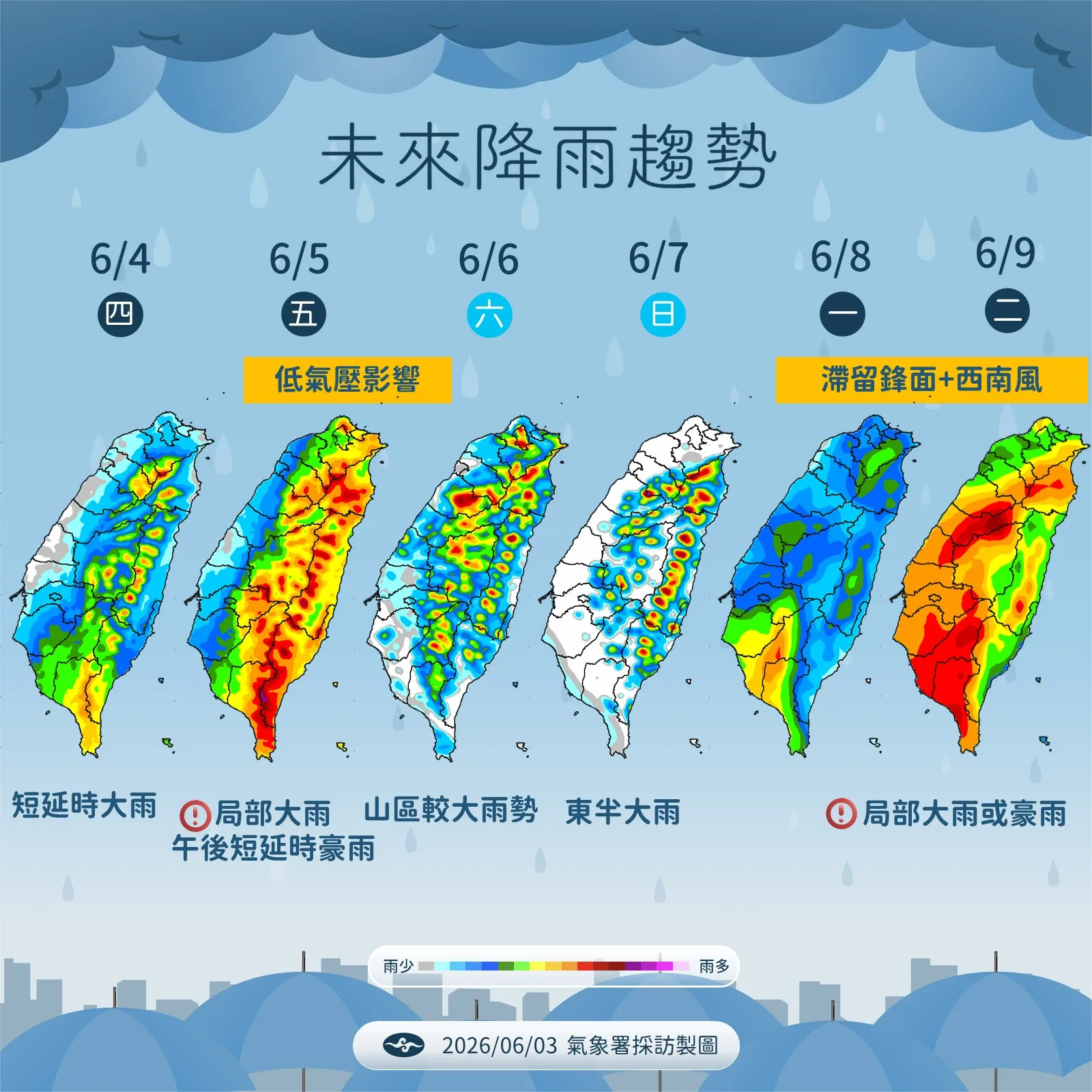 未來一周雨量預報。（氣象署提供）