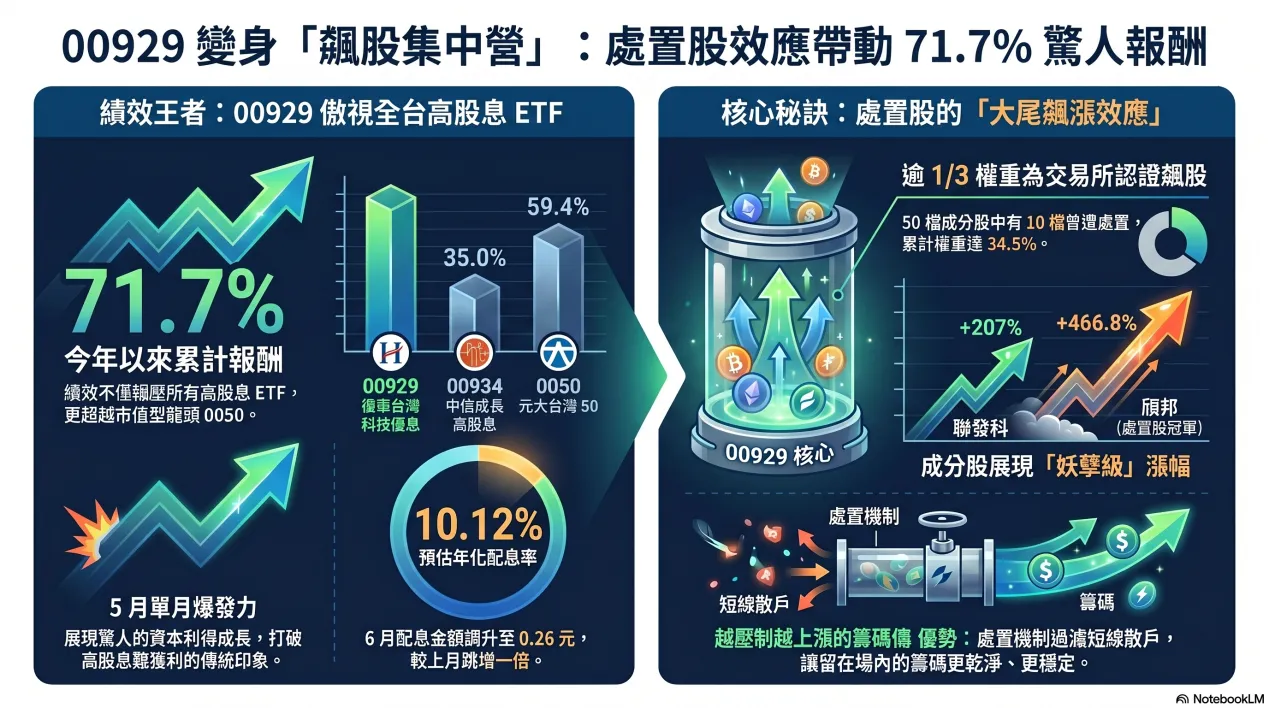 00929變身成為「飆股集中營」：處置股效應帶動71.7%驚人報酬。(資料照/AI生成)