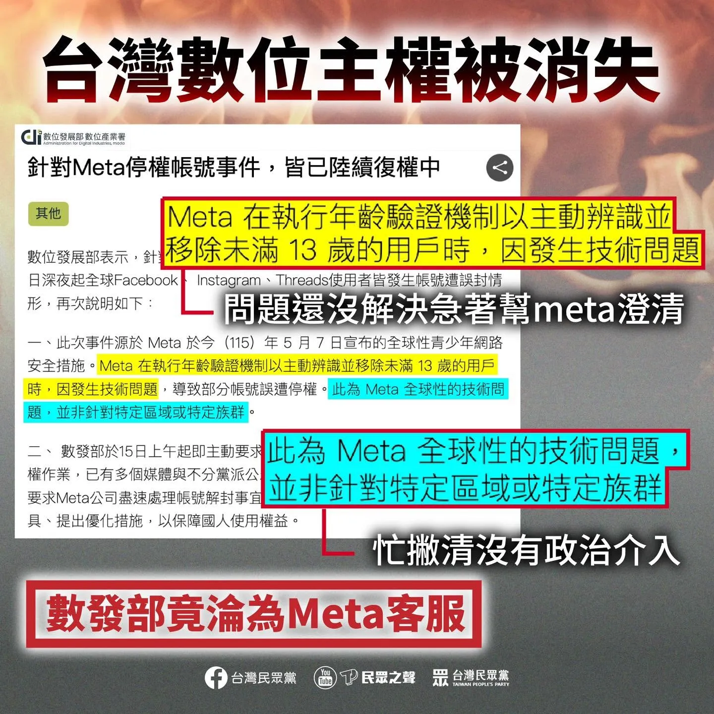 民眾黨批評，面對Meta大當機亂象，數發部非但沒替用戶爭取權益，還當起Meta客服中心幫忙澄清。（取自台灣民眾黨臉書）