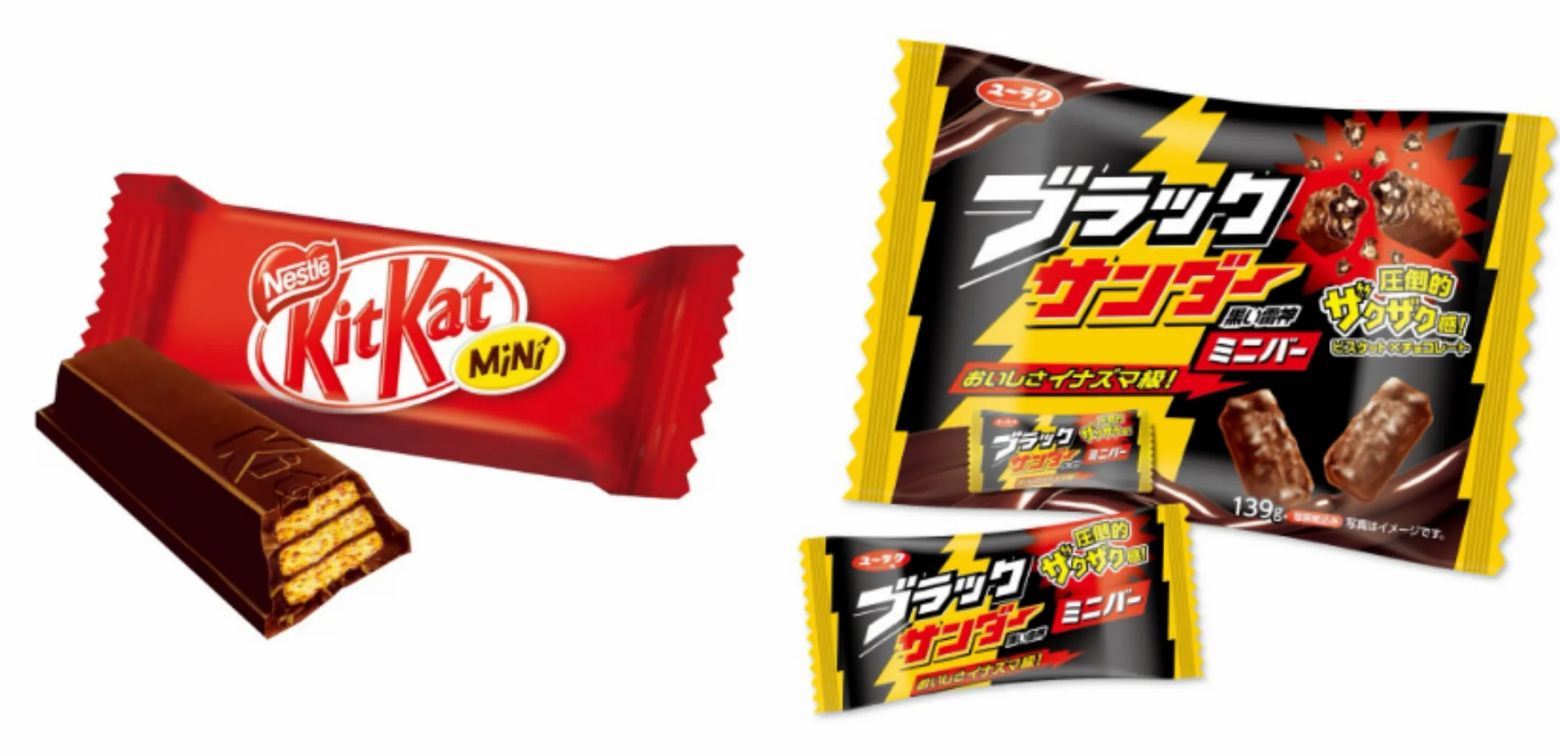 左起：雀巢KitKat奇巧巧克力迷你包、有樂製菓Black Thunder黑雷神巧克力。（圖／翻攝自官網）