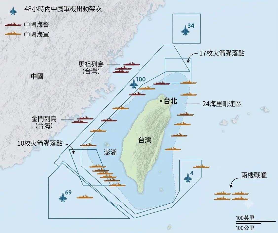 2025年12月中國大規模軍事演習。（台灣國防部、WSJ）