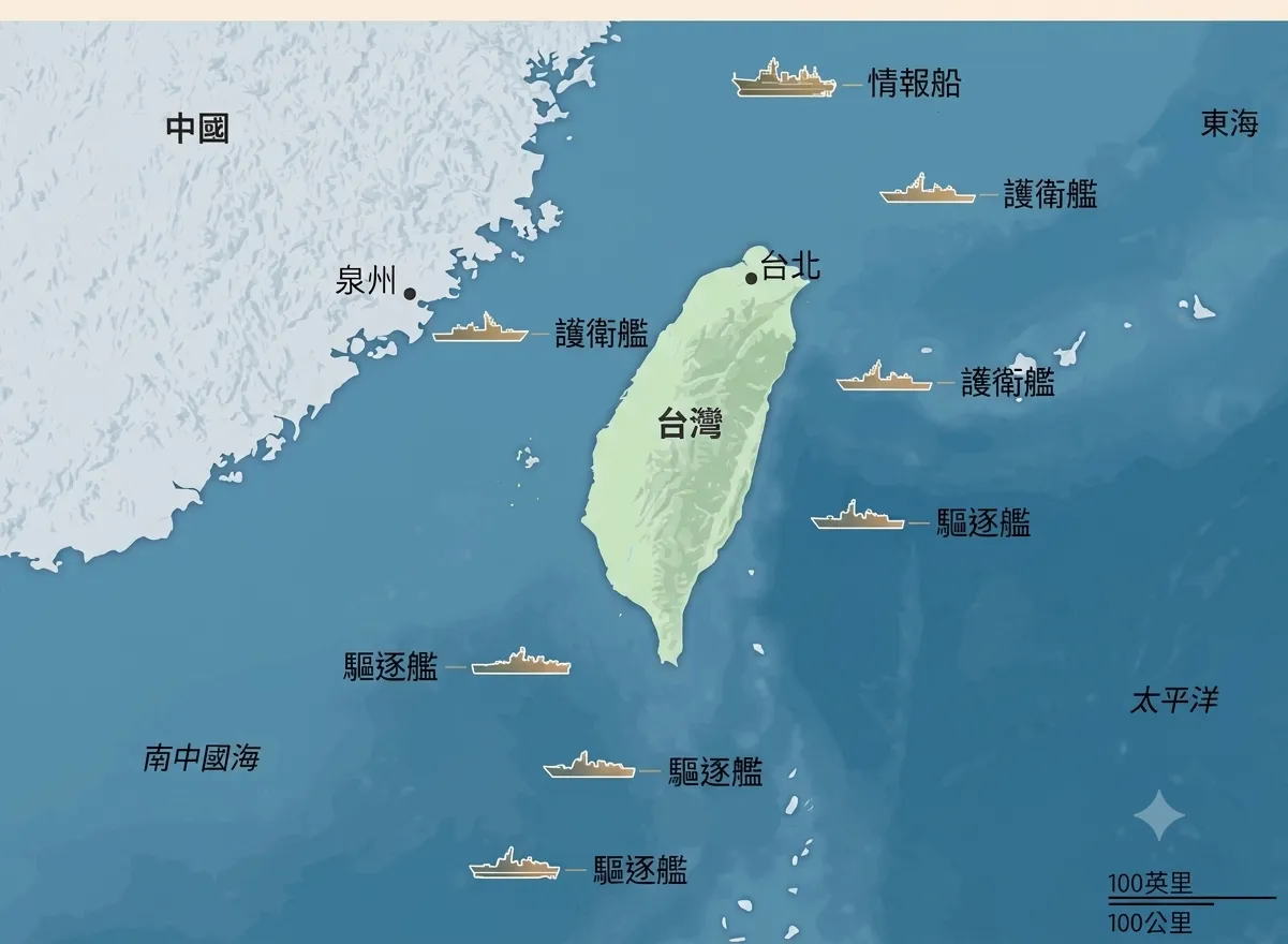 中國海軍在台灣周圍的軍事部署。（資料來源：WSJ）