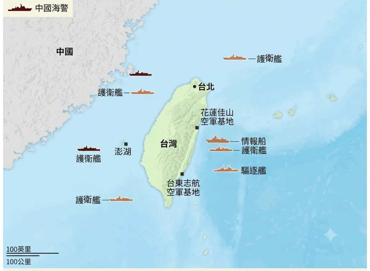 4月初台灣附近海域的艦船類型。（資料來源：台灣海洋委員會主委管碧玲、WSJ）