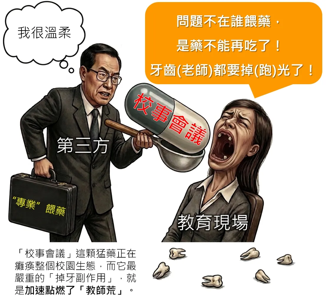 「校事會議」這顆猛藥正在癱瘓整個校園生態，而他最嚴重的「掉牙副作用」，就是加速點燃了「教師荒」（作者提供）