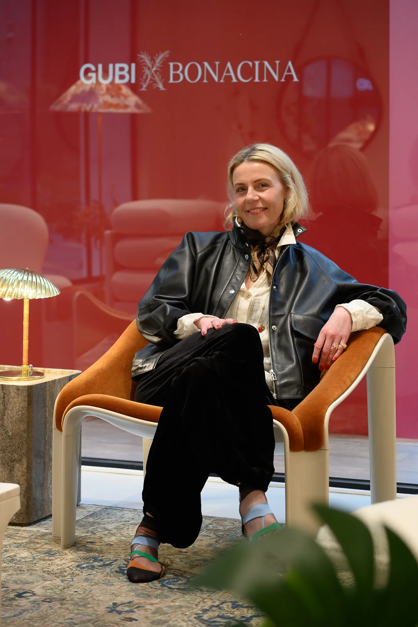 Marie Kristine Schmidt embraces Taipei's shoe-free showroom culture.Socks bought just for the occasion: Schmidt embracing Taipei's shoe-free showroom culture. (Photo: WOW Furniture)