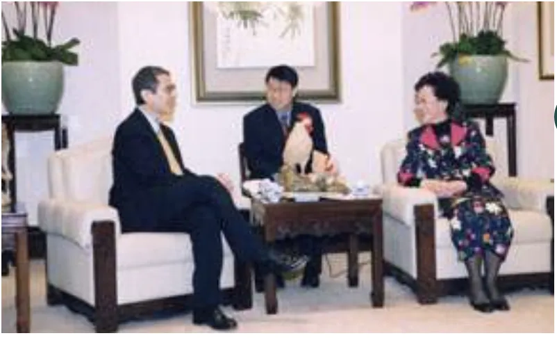 《中國即將崩潰》作者章家敦2003年訪問台灣，進入總統府會見副總統呂秀蓮。（總統府官網）