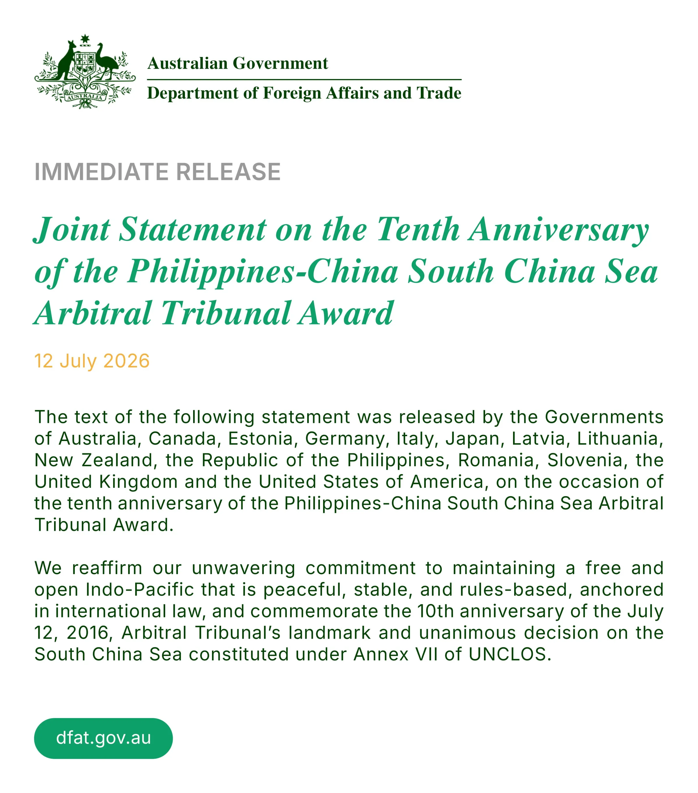Join Statement on the Tenth Anniversary of the Philippines-China South Sea arbitral Tribunal Award.(Screen shot from @AusAmbPH X)