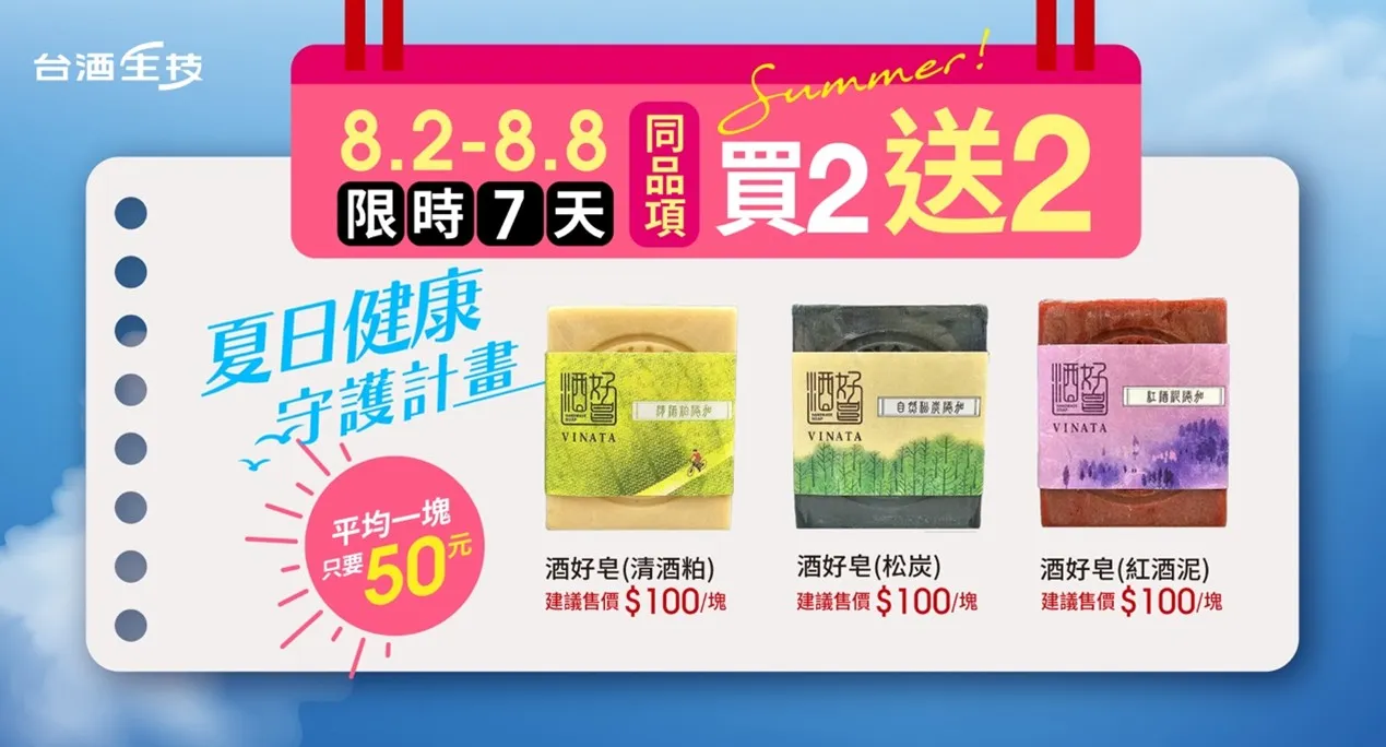 台酒生技「夏日健康守護計畫」，酒好皂系列限時7天（08.02 - 08.08）同品項買2 送2。（圖/台酒生技提供）