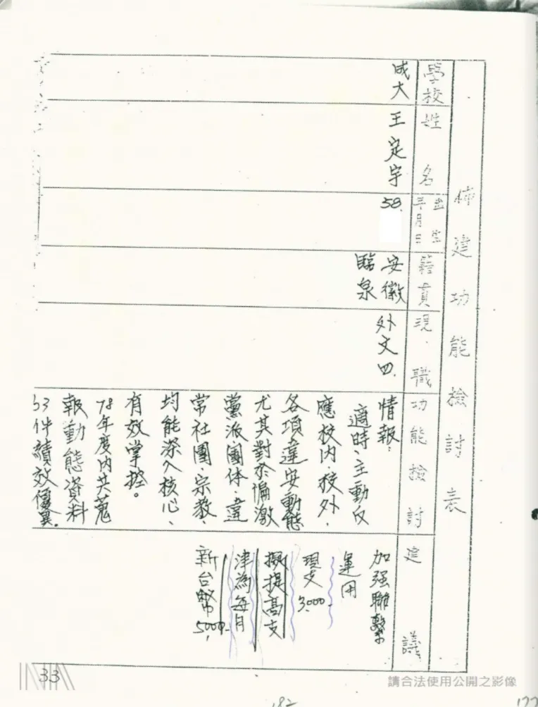 20260716-​國家檔案記載，成大王定宇籍貫為安徽臨泉，評語稱其「適時主動反應校內、校外各項違安動態」。（取自國家檔案資訊網）
