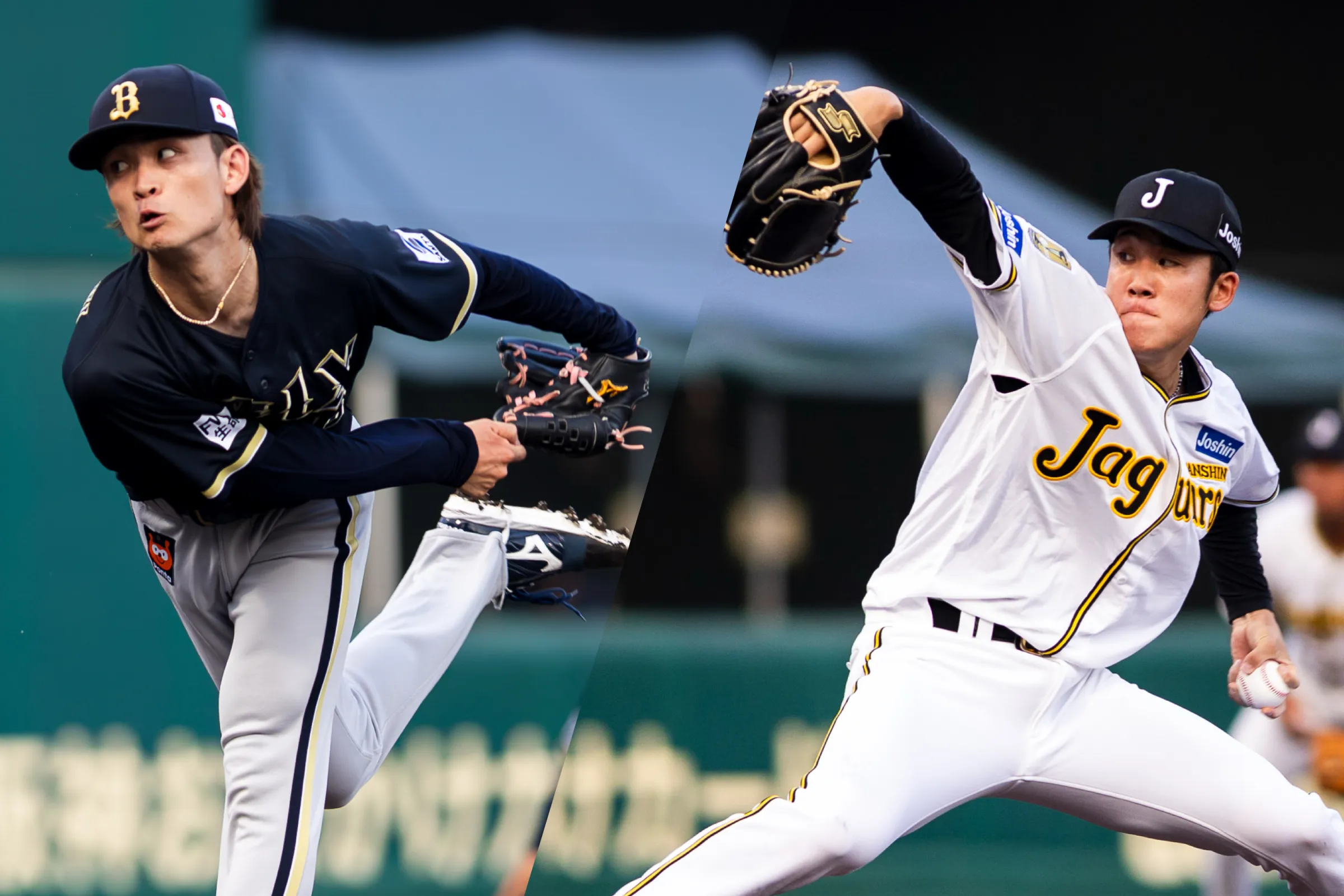 オリックスの先発・寺西成騎投手（左）と、阪神の先発・富田蓮投手（右）。（写真／丁勤紜撮影）