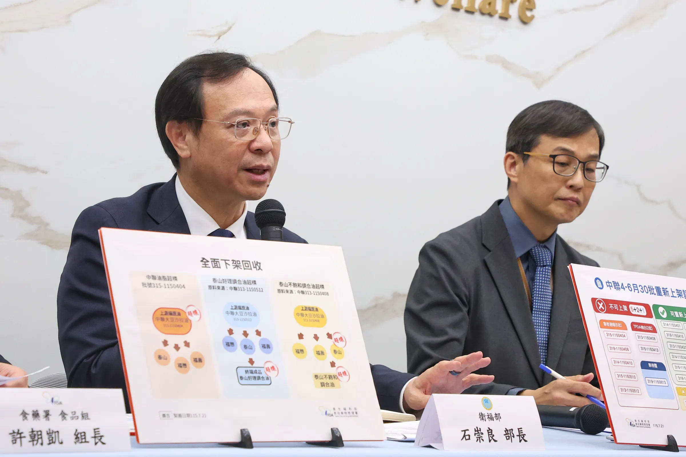 20260721-衛福部長石崇良（左）21日召開「食藥署公布中聯油脂預防性下架油品及其相關產品重新上架原則」記者會。（顏麟宇攝）