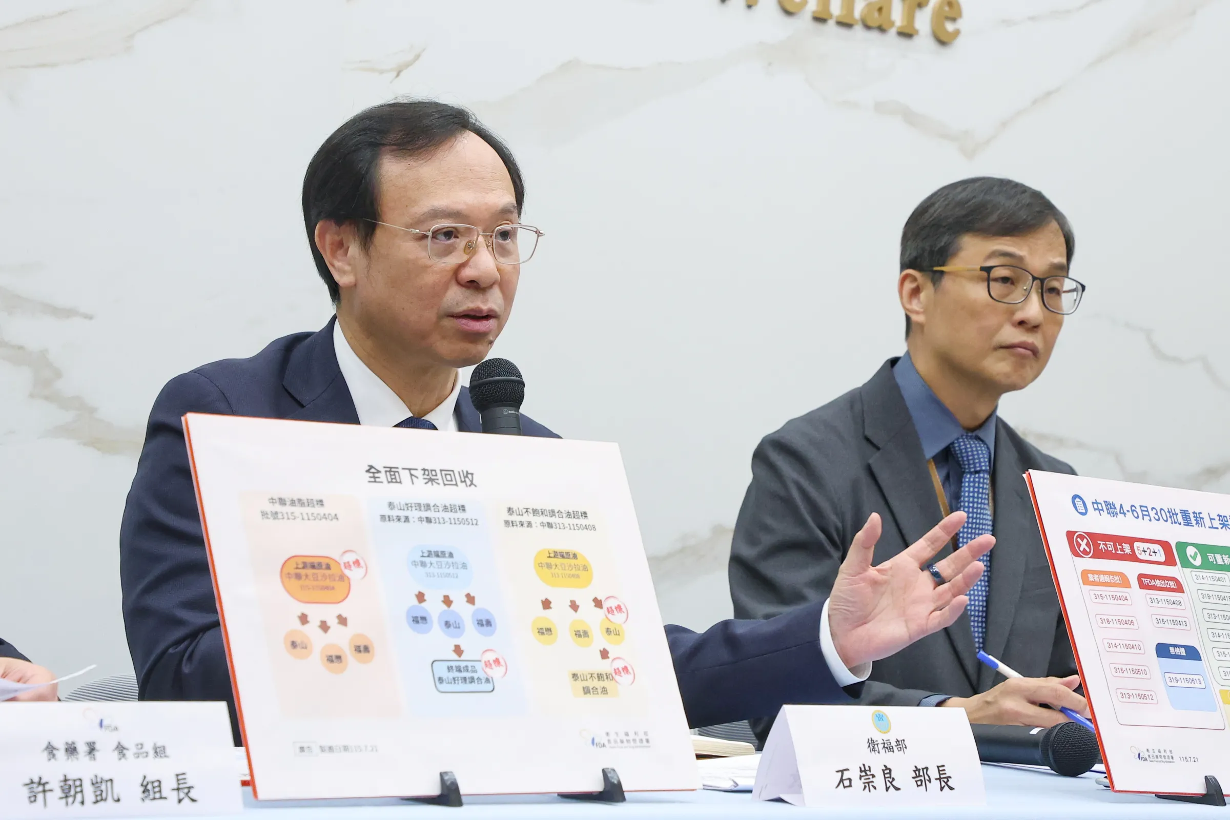 20260721-衛福部長石崇良（左）、食藥署長姜至剛（右）21日召開「食藥署公布中聯油脂預防性下架油品及其相關產品重新上架原則」記者會。（顏麟宇攝）