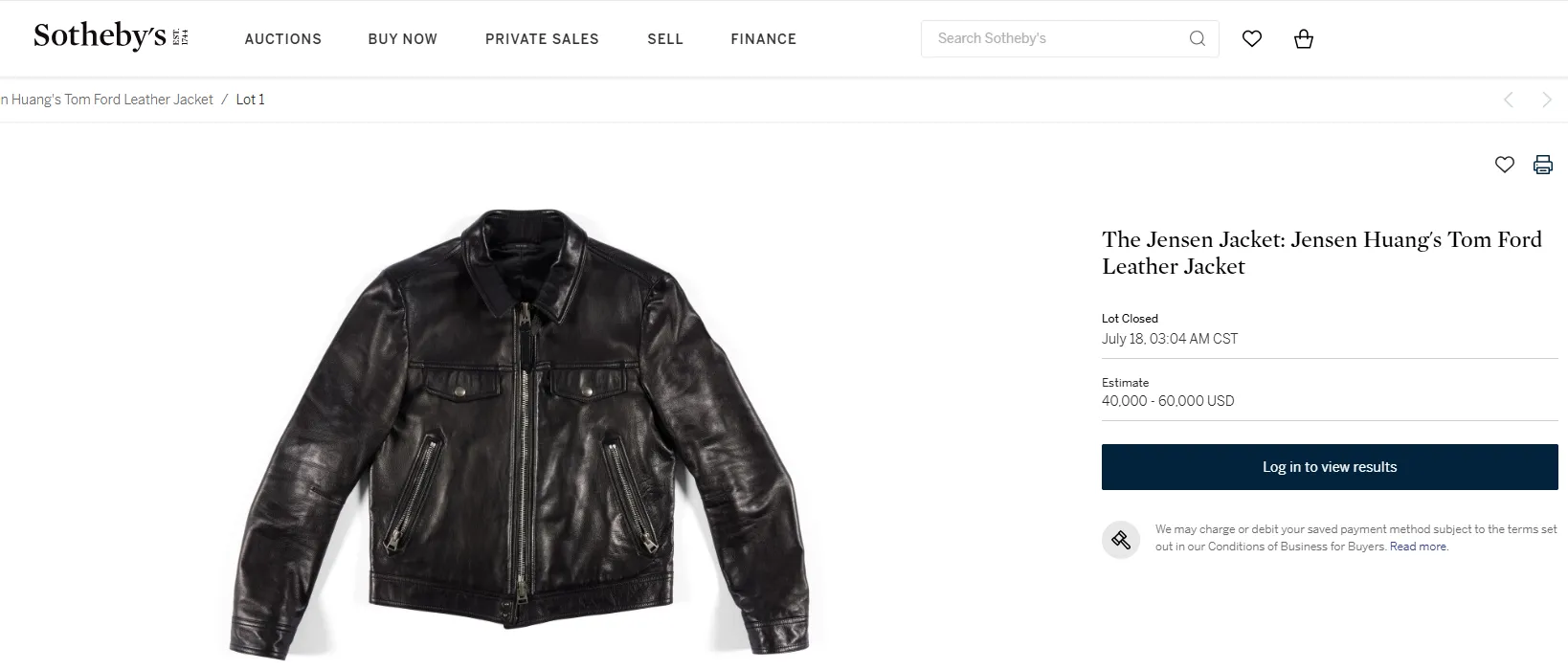 Black leather jacket of Jensen Huang, NVIDIA CEO, posted on Sotheby's homepage. (Photo Courtesy of Sotheby's)