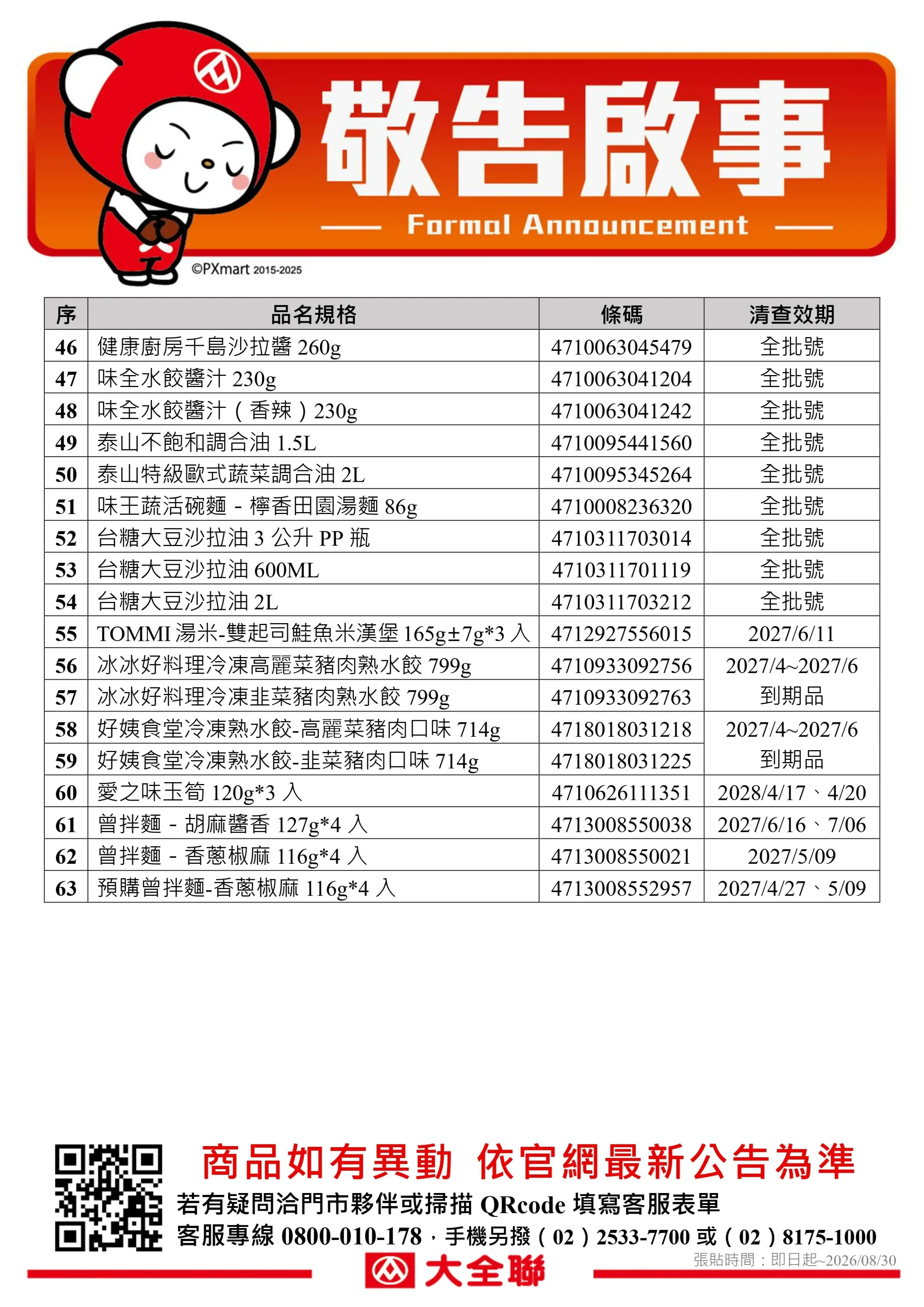 大全聯中聯油脂影響下架、退貨公告名單。（圖／取自大全聯）
