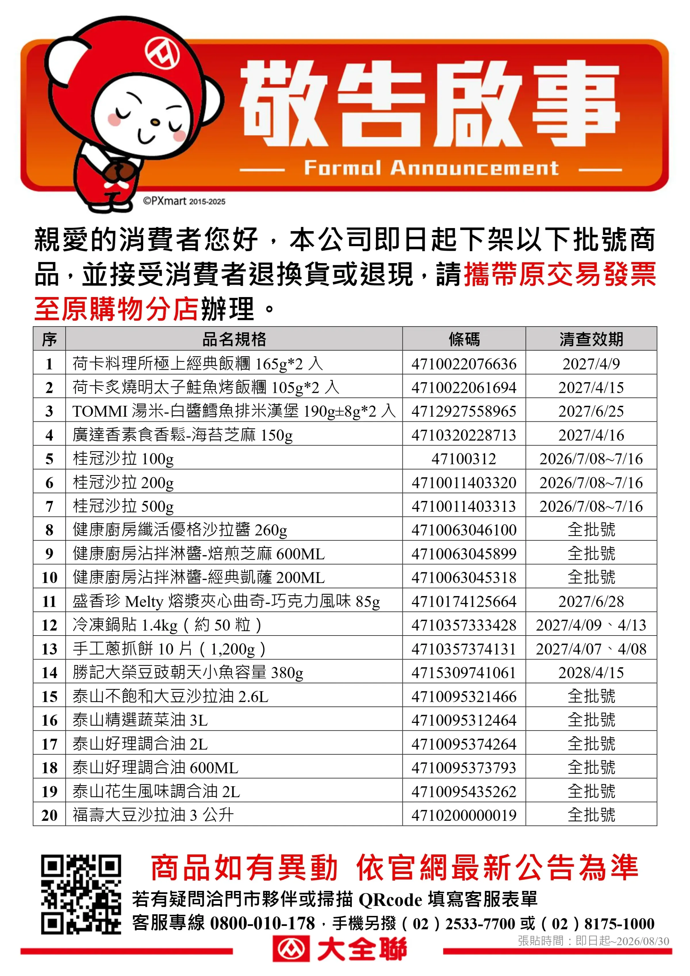 大全聯中聯油脂影響下架、退貨公告名單。（圖／取自大全聯）