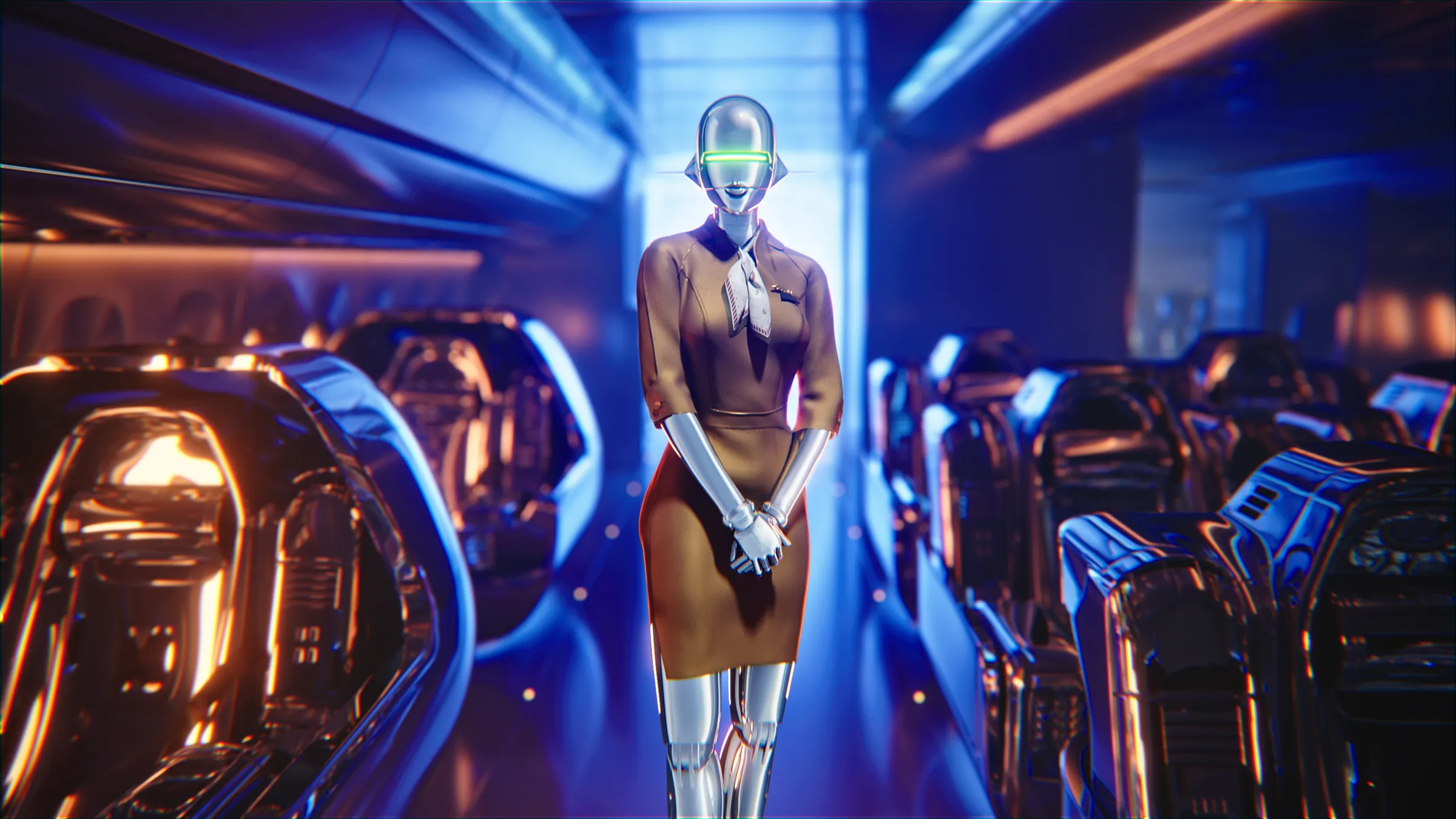 空山基經典代表鉅作 Sexy Robot身著星宇航空空服員制服，以優雅流暢的機械肢體，示範氧氣罩佩戴、安全帶繫妥及緊急逃生等各項安全程序。(圖片提供：星宇航空)