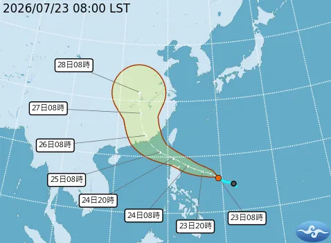 7月23日準颱風紅霞最新路徑潛勢圖。（圖／取自氣象署）