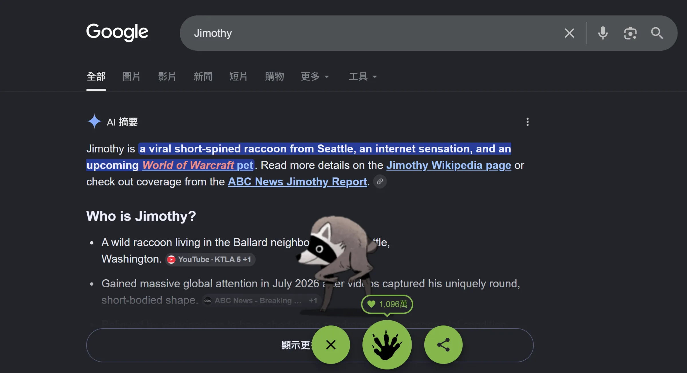 西雅圖一隻患有先天疾病的浣熊「Jimothy」近期在網路上爆紅，成為美國最熱門的人氣動物。圖為Google搜尋頁面專為「Jimothy」設計的趣味小動畫。（圖／翻攝自Google）