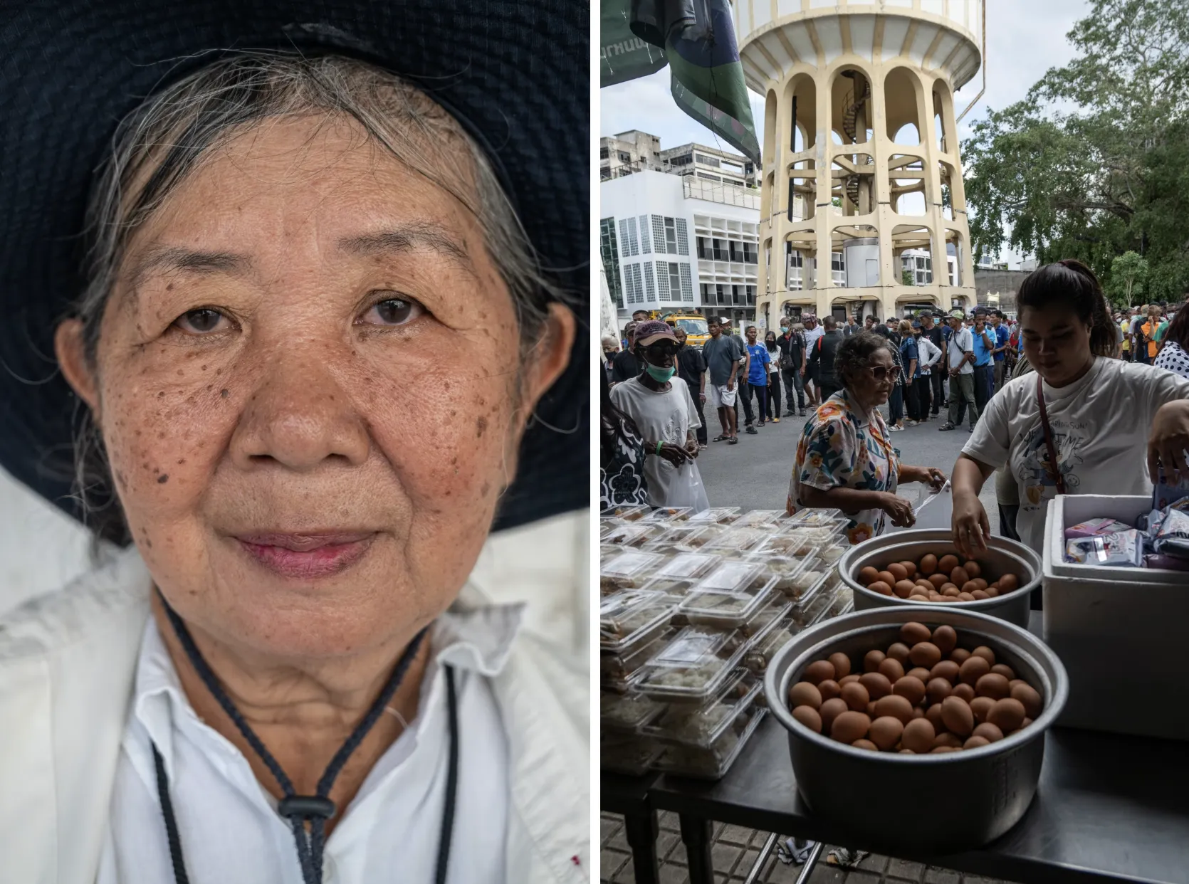 在曼谷排隊領取捐贈食物的人群中，大多數是像71歲的瑪麗妮桑卡拉克這樣的老年人。（Sirachai Arunrugstichai for WSJ）