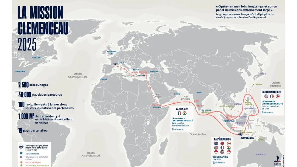 From November 2024 to April 2025, the French aircraft carrier Charles de Gaulle and its strike group deployed to the Indian Ocean and East Asia — the first time a French carrier had operated in East Asian waters since the 1960s. (French Ministry of Armed Forces)