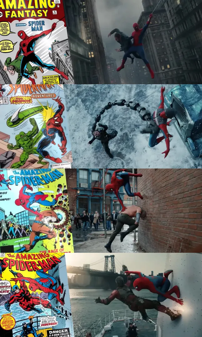 電影開場的犯罪打擊蒙太奇，重現《Amazing Fantasy》第15期、《The Amazing Spider-Man》第134期、第345期及第221期等漫畫封面。（圖／取自YT@Sony Pictures Releasing UK）
