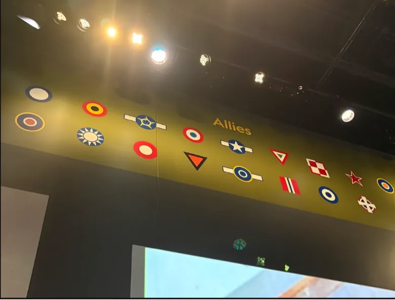 二戰各盟國空中武裝的機徽被高高展示出來，包括了當時是國徽，現在是黨徽的青天白日，如今恐怕就連國民黨也不敢如此驕傲地展現黨徽吧？（許劍虹提供）