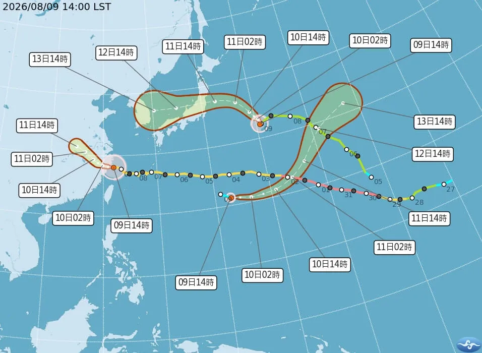 目前海面上三颱鼎立，琵鷺、昌鴻、白海豚最新路徑潛勢圖。（圖／氣象署提供）