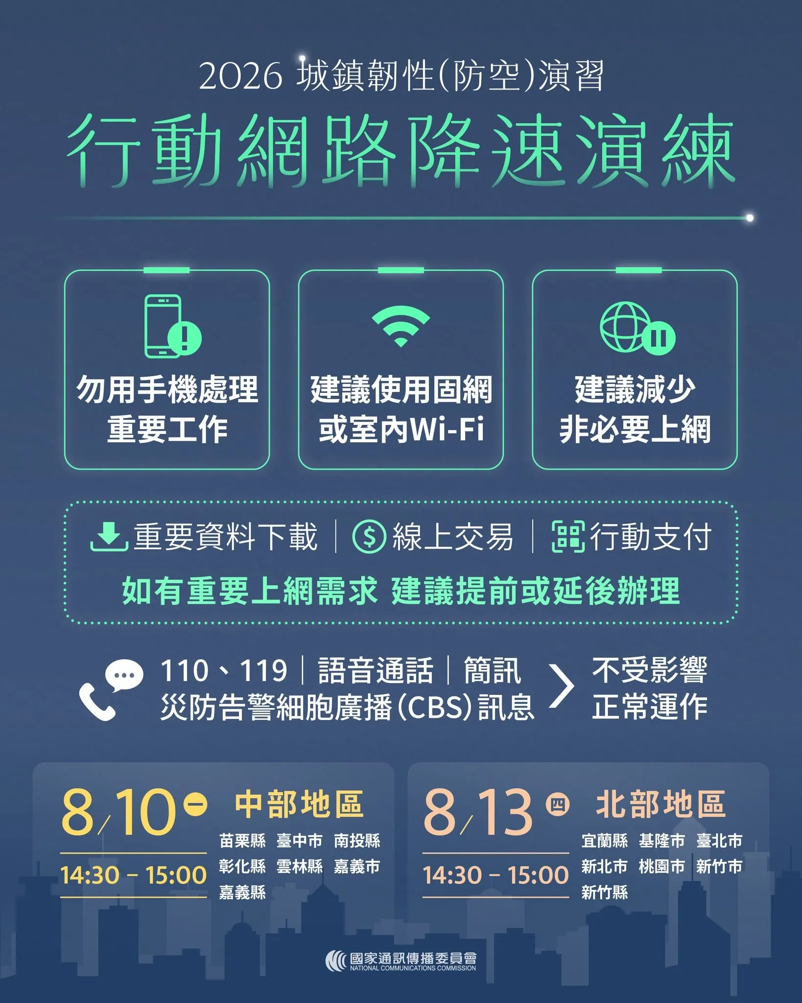 2026城鎮韌性（防空）演習行動網路降速演練注意事項。（圖／國家通訊傳播委員會﻿臉書）