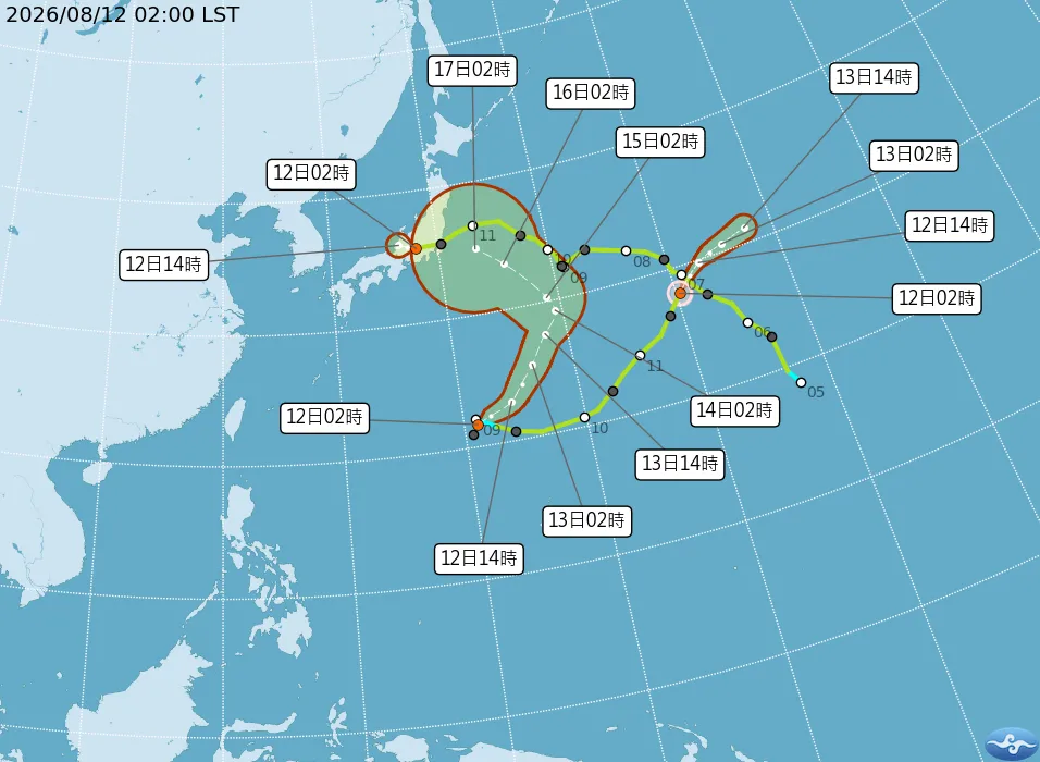目前 (民國115年08月12日02時) 太平洋地區有 1 個颱風，有 2 個熱帶性低氣壓(T.D.)。（圖／取自氣象署）