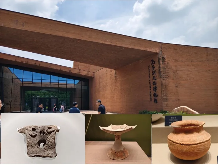 距今7000年前的馬家浜文化，開啟中國環太湖流域文明進程。當時馬家浜人已經普遍利用陶器作為生活用具，圖中的夾砂陶豆外沿呈凹弧邊六角形，極為特別。圖下左是獸面陶器耳、圖下右為陶釜。(圖/作者攝)