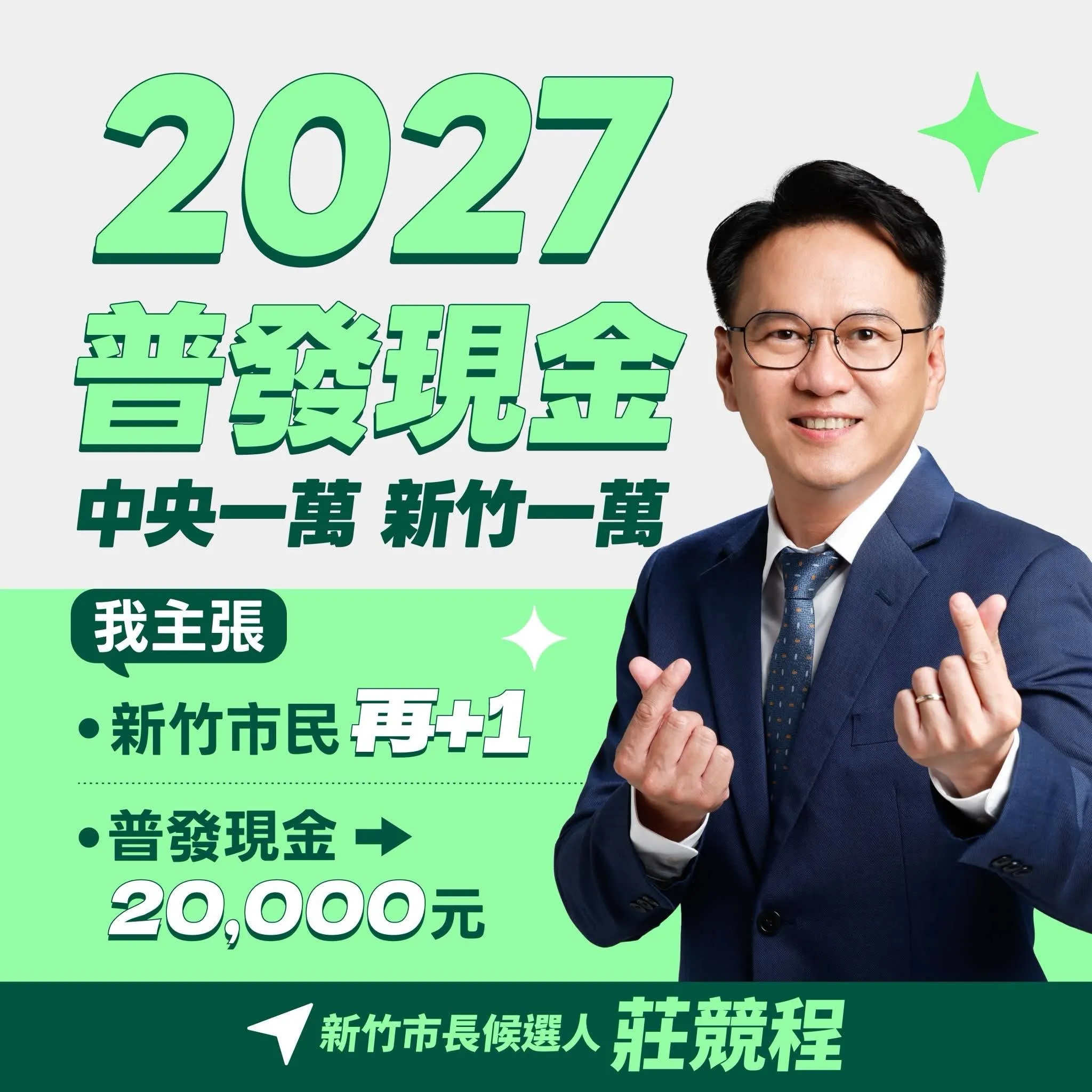 新竹市長候選人莊競程宣布自己當選後加碼10000元，讓新竹市民可以領到20000元。（圖／翻攝自莊競程臉書）