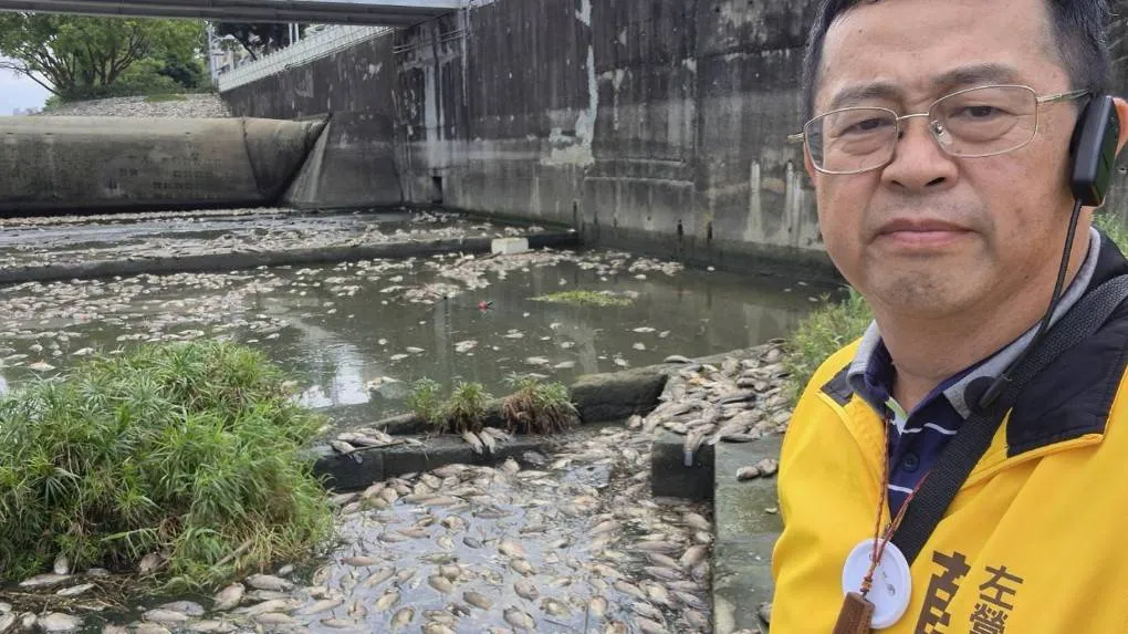 左楠市議員參選人薛兆基第一時間趕赴後勁溪，面對再一次死魚遍佈，眉頭深鎖，呼籲市府應該要事前找出對策，不能只有事後打撈。（圖/薛兆基服務處提供）