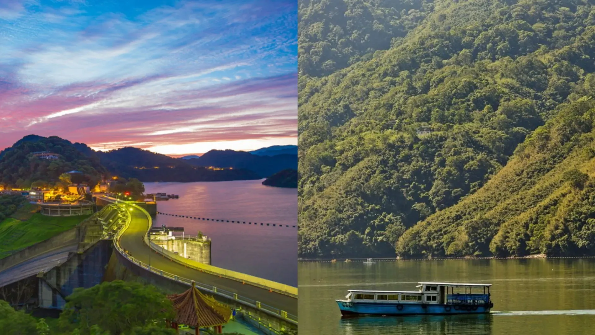 桃園景點石門水庫風景區主題組合圖。畫面左側展示大壩夕陽晚霞與環湖公路燈火，右側呈現遊艇行駛於湖光山色綠水間景致。（圖／翻攝官網、桃園觀光導覽網）