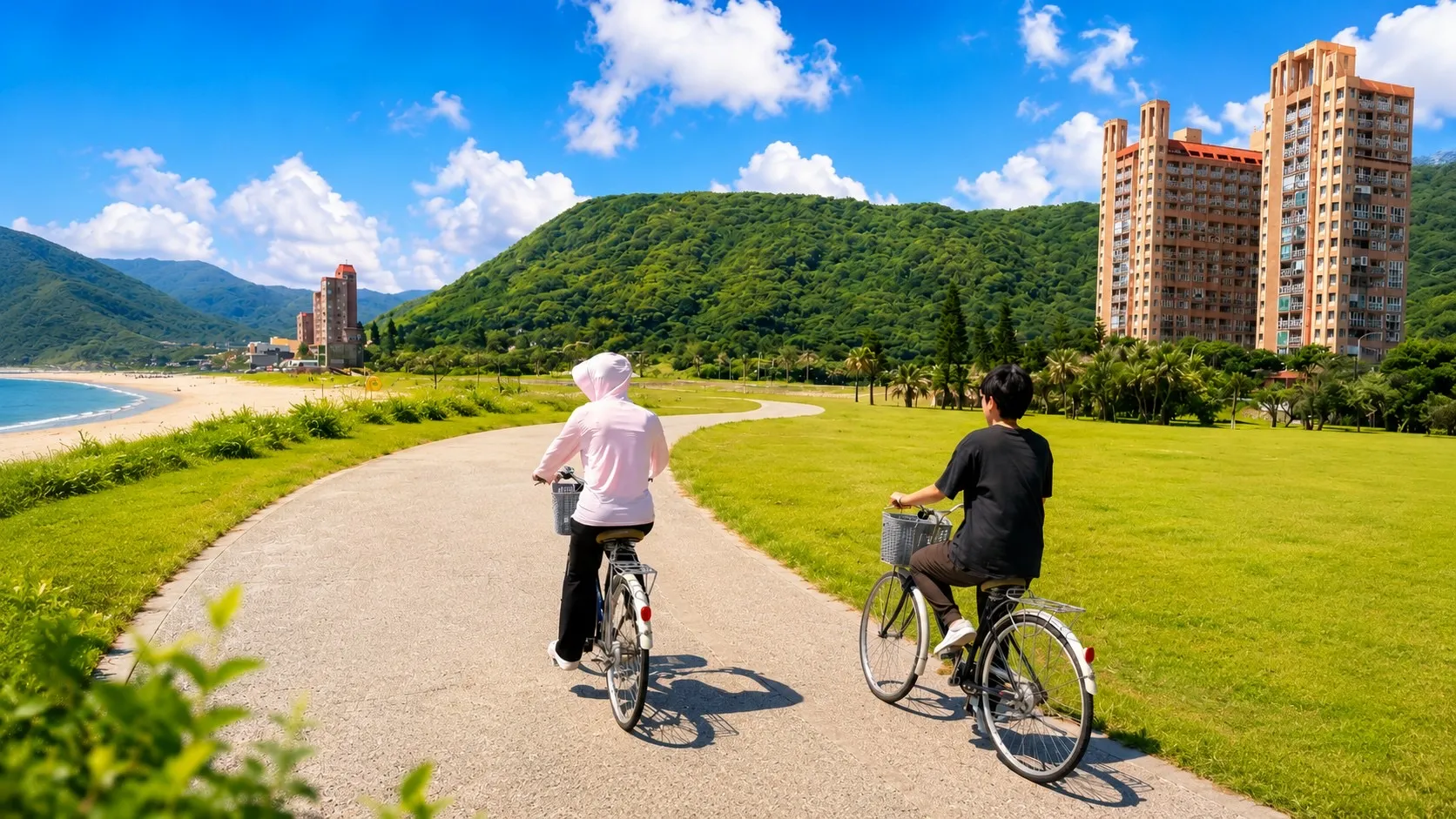 親子可沿萬金自行車道迎風騎行，一路欣賞山海景色與北海岸自然風光，享受共騎時光。（圖／翡翠灣波波樂園提供）