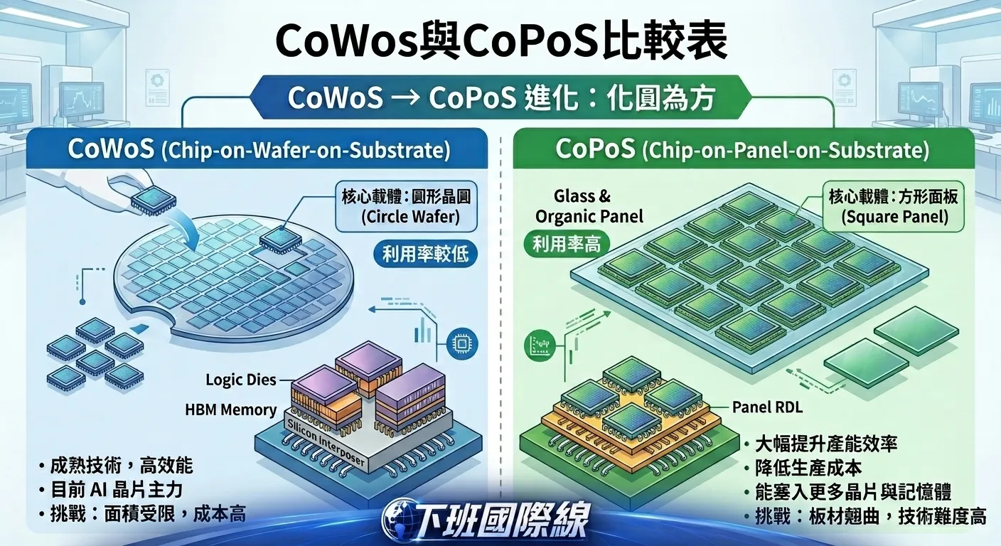 台積電CoWoS沿用圓形晶圓製程，CoPoS則希望轉向更接近方形面板的方式。（下班國際線後製）
