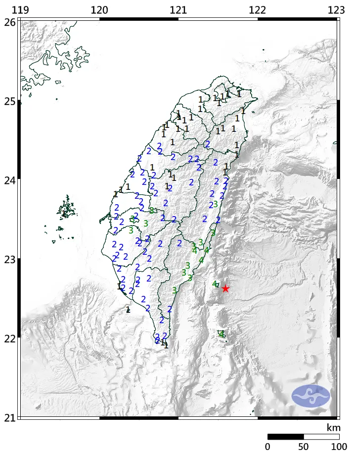20260825-台灣東南部海域今日下午3時發生規模5.8極淺層地震，中央氣象署首波國家級警報，卻指出預估規模為6.6。（取自中央氣象署）