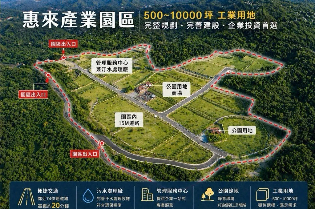 惠來產業園區規劃高綠覆率、雨水回收、污水處理、20米綠帶、公園及滯洪池等設施，打造兼具生產效率與環境永續的智慧產業園區。(圖/惠來產創)