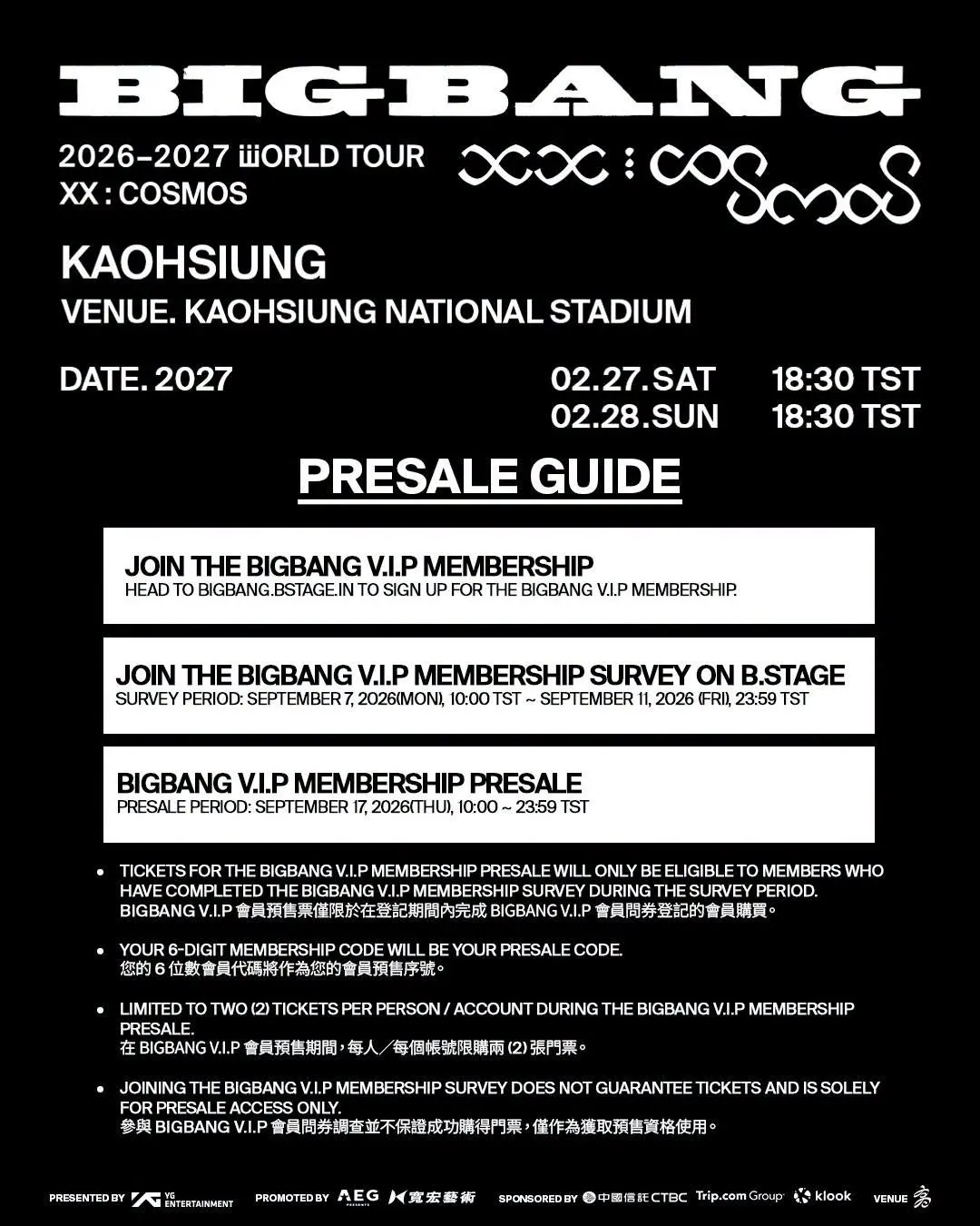 BIGBANG高雄世運演唱會售票資訊正式公開！2月27、28日連唱2天，票價2980元至9430元，共分5階段售票，9月17日會員優先開搶，9月22日全面開賣，座位圖、VIP福利與實名制規定一次看。（圖／翻攝自BIGBANG IG@bigbang_2xx6）
