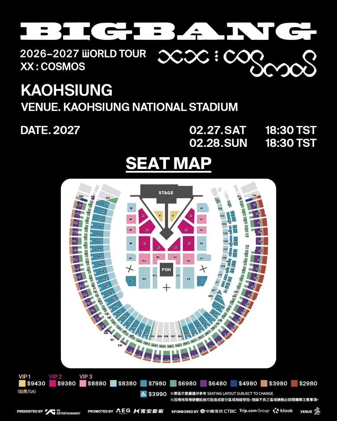 BIGBANG高雄世運演唱會售票資訊正式公開！2月27、28日連唱2天，票價2980元至9430元，共分5階段售票，9月17日會員優先開搶，9月22日全面開賣，座位圖、VIP福利與實名制規定一次看。（圖／翻攝自BIGBANG IG@bigbang_2xx6）