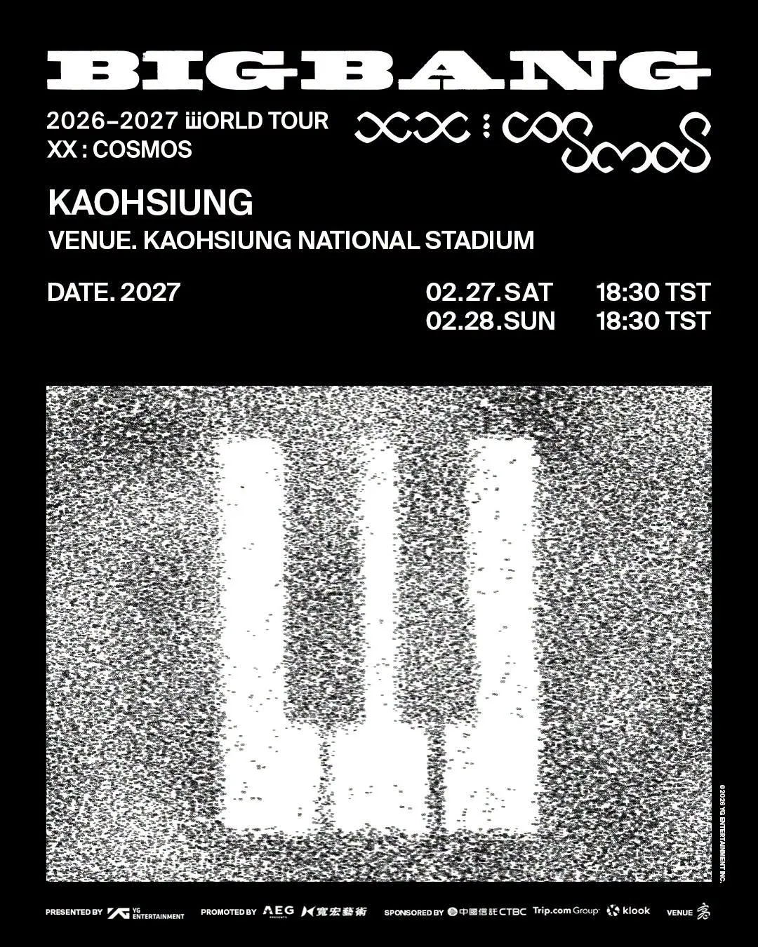 BIGBANG高雄世運演唱會售票資訊正式公開！2月27、28日連唱2天，票價2980元至9430元，共分5階段售票，9月17日會員優先開搶，9月22日全面開賣，座位圖、VIP福利與實名制規定一次看。（圖／翻攝自BIGBANG IG@bigbang_2xx6）