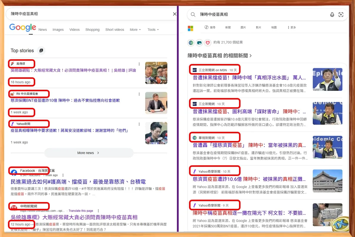 「疫苗真相」搜尋引擎相同時間，首頁結果大不同。左圖：Google 按真實流量、來源多元、正反兼容。右圖：Bing 跳過鄰近文章、來源集中、內容一面倒。是什麼原因造成？意涵為何？（作者提供）