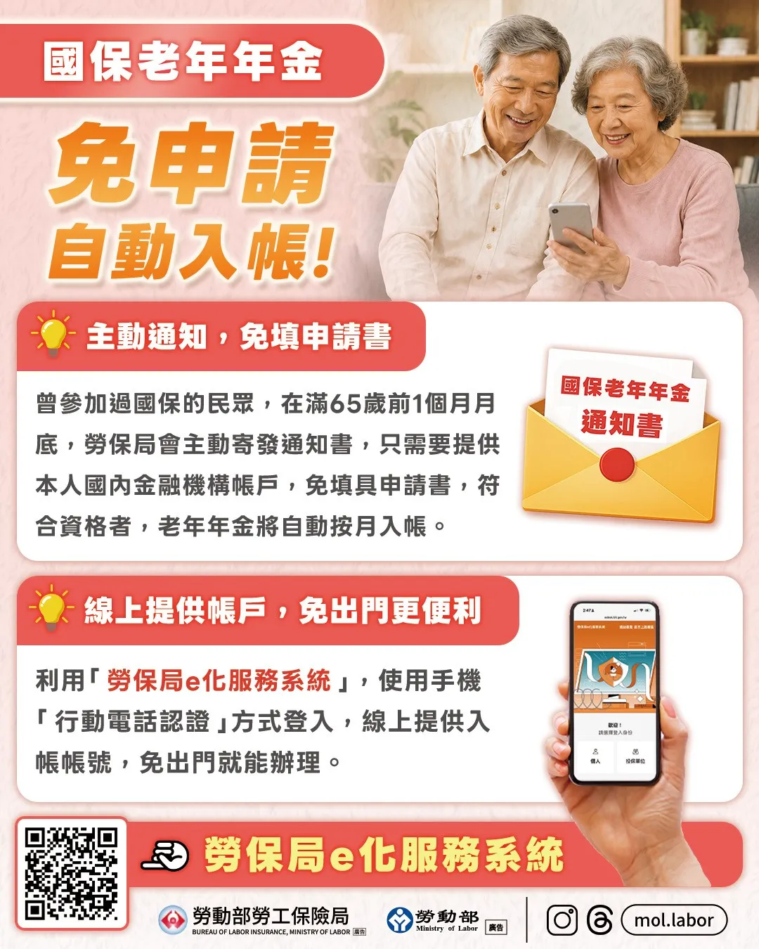 勞動部宣布，即日起國保老年年金免申請自動入帳。（圖／取自勞保局官網）