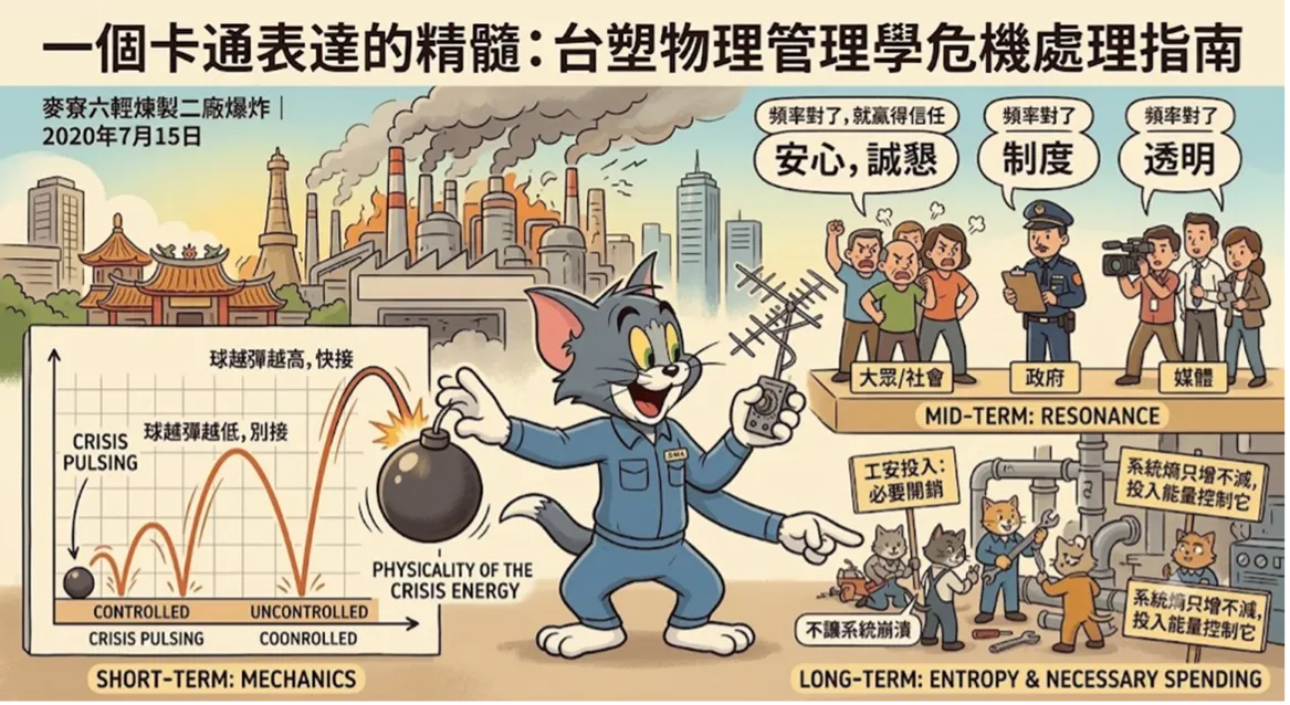 圖一：處理突發事件的物理類比現象：短期止損、中期調頻與長期減熵。（張慶瑞提供）